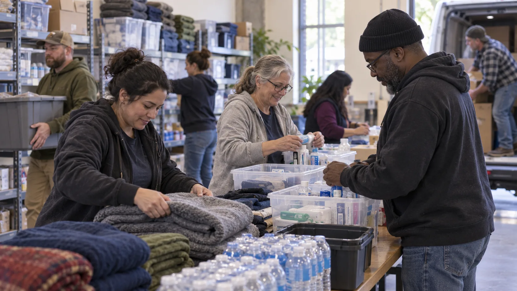 People sorting blankets and essential supplies together.