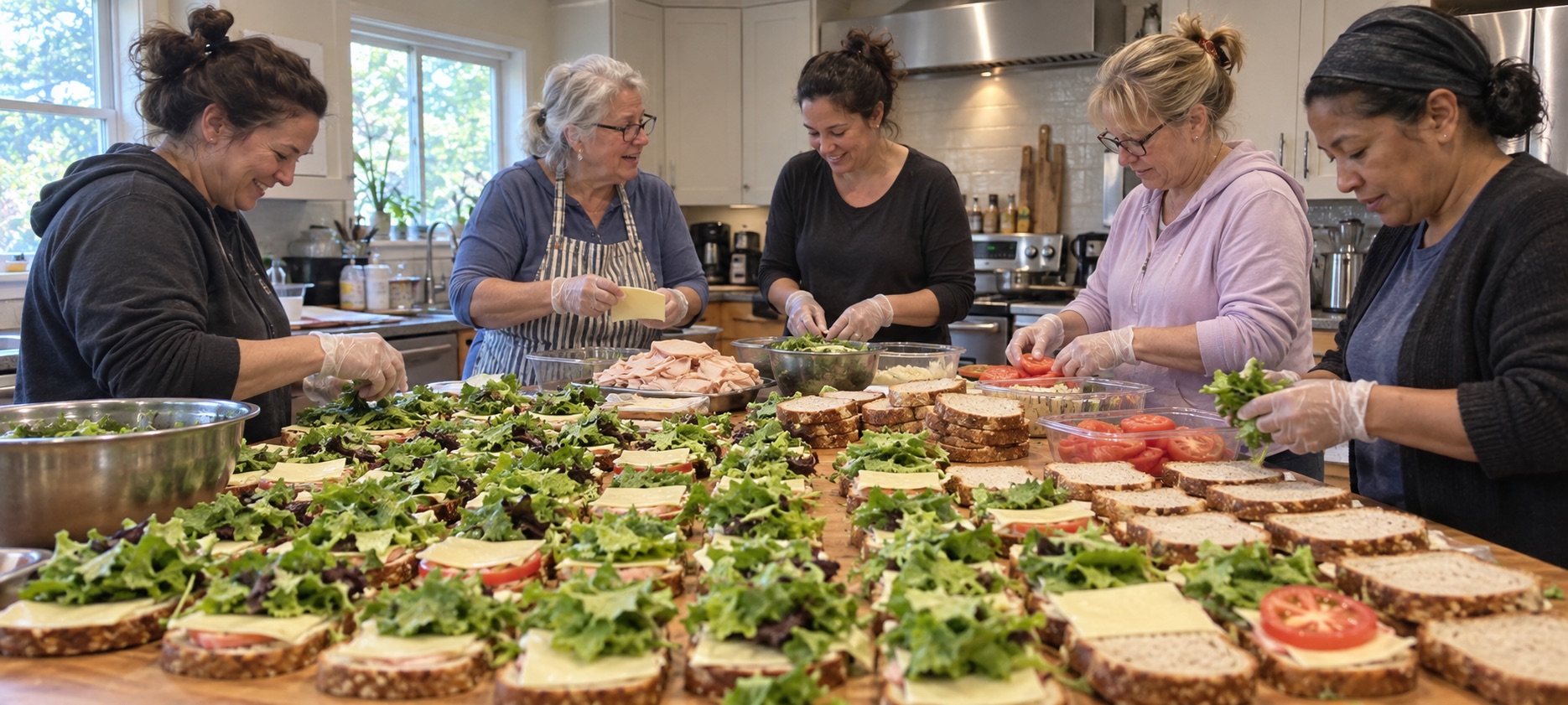 A team of volunteers preparing sandwiches together.